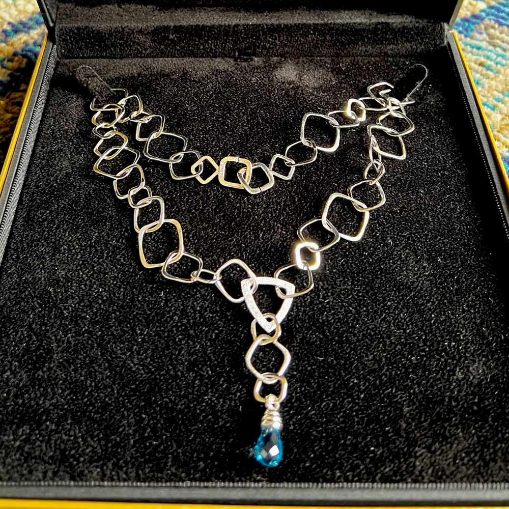 John Atencio “Slinky” necklace, vintage NWT, .24C, 18c white gold, Blue Topaz